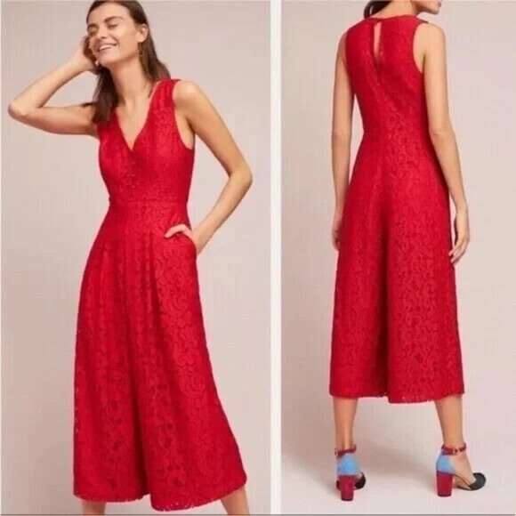 Anthropologie sz 4 Moulinette Soeurs Jaeda Red Lace Wide Leg Jumpsuit - Picture 3 of 16